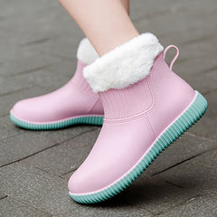 Women's Plush Lined Ankle Rain Boots Waterproof Warm Slip On Shoes