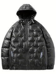 Men's Lightweight Hooded PU Puffer Jacket for Winter