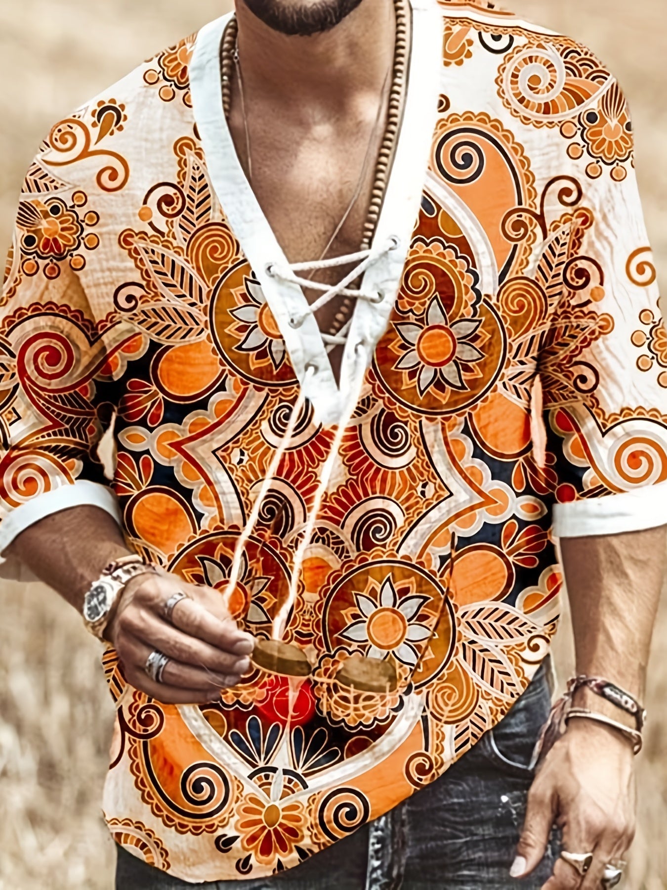 Men's Bohemian Pattern Shirt Top V Neck Lace Up Collar 3 4 Sleeves