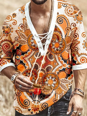 Men's Bohemian Pattern Shirt Top V Neck Lace Up Collar 3 4 Sleeves