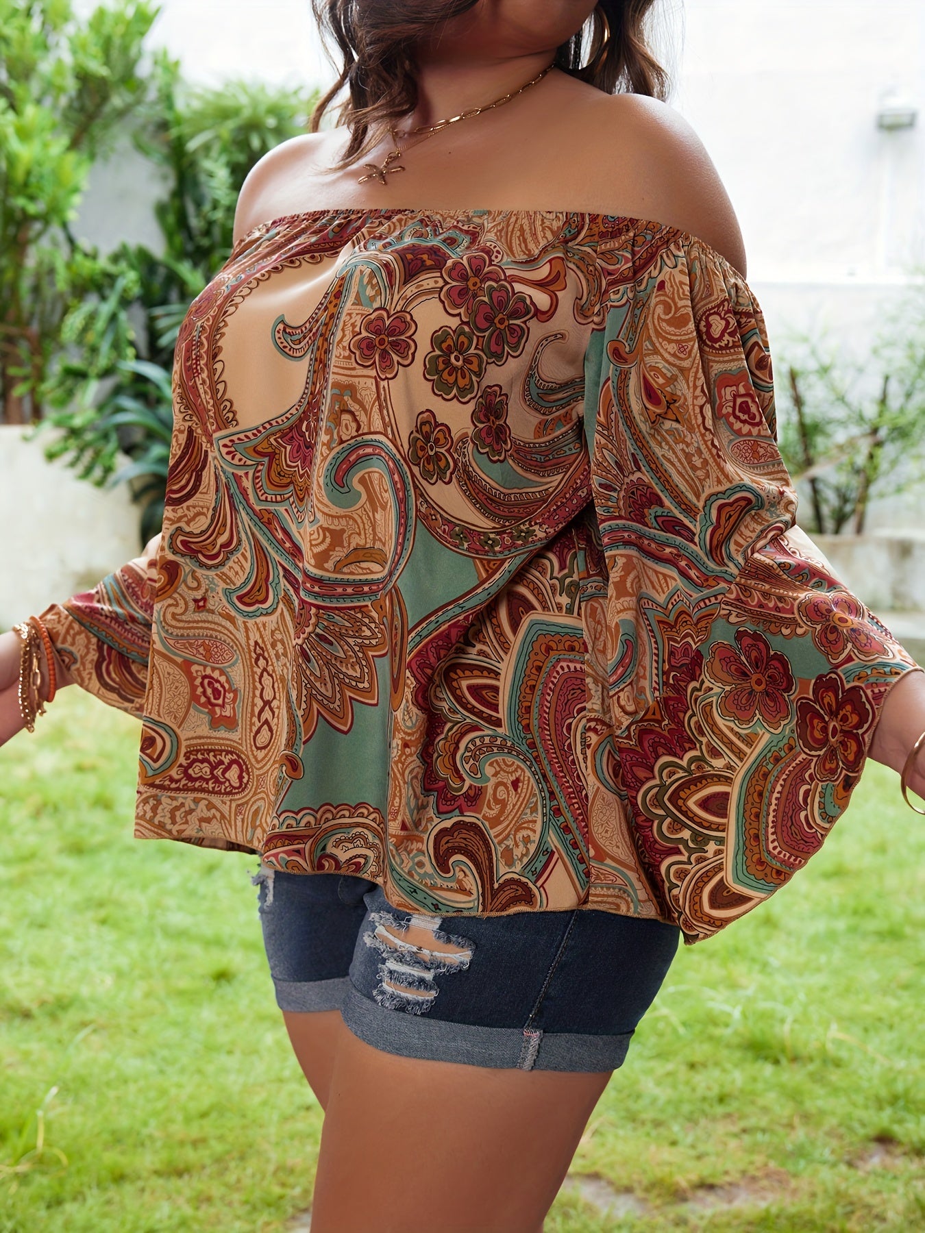 Women's Plus Paisley Print Off Shoulder Summer Top