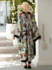 Boho Kimono Women's Plus Figure Print Contrast Trim
