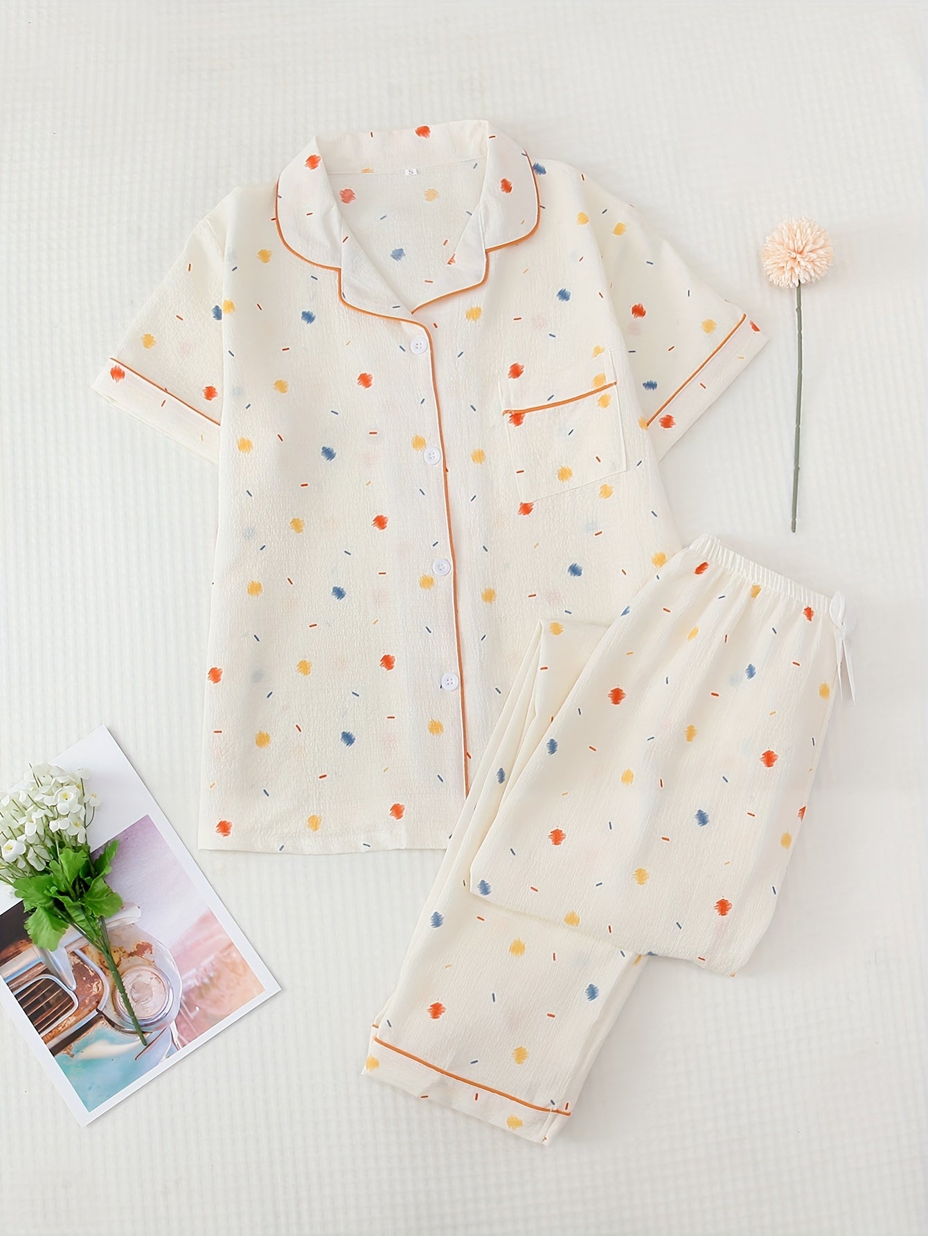 Polka Dot Pajamas Set Short Sleeve Top & Pants Women's Loungewear