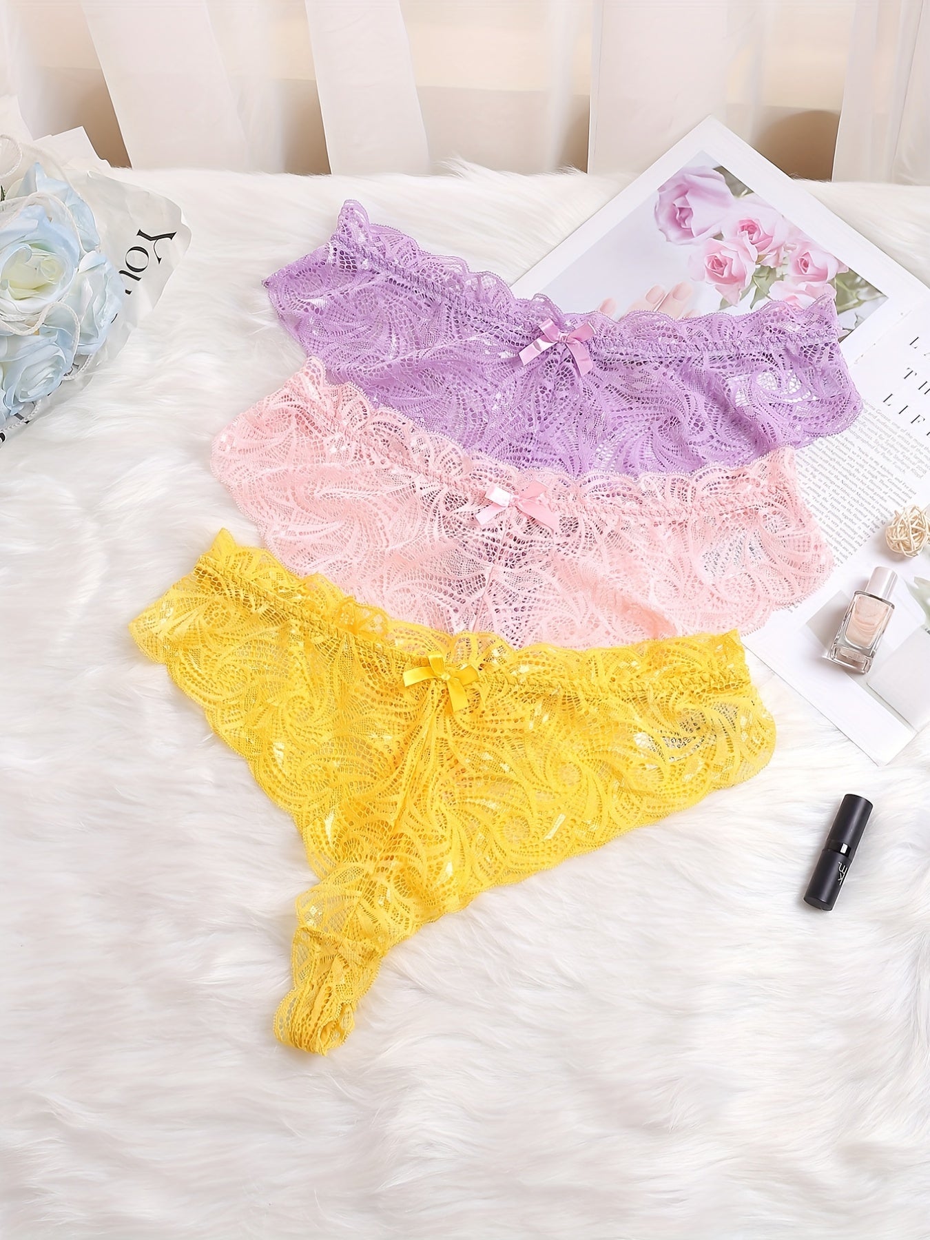 3 Pack Plus Size Sexy Panties Set Lace Bow Detail See Through Underwear
