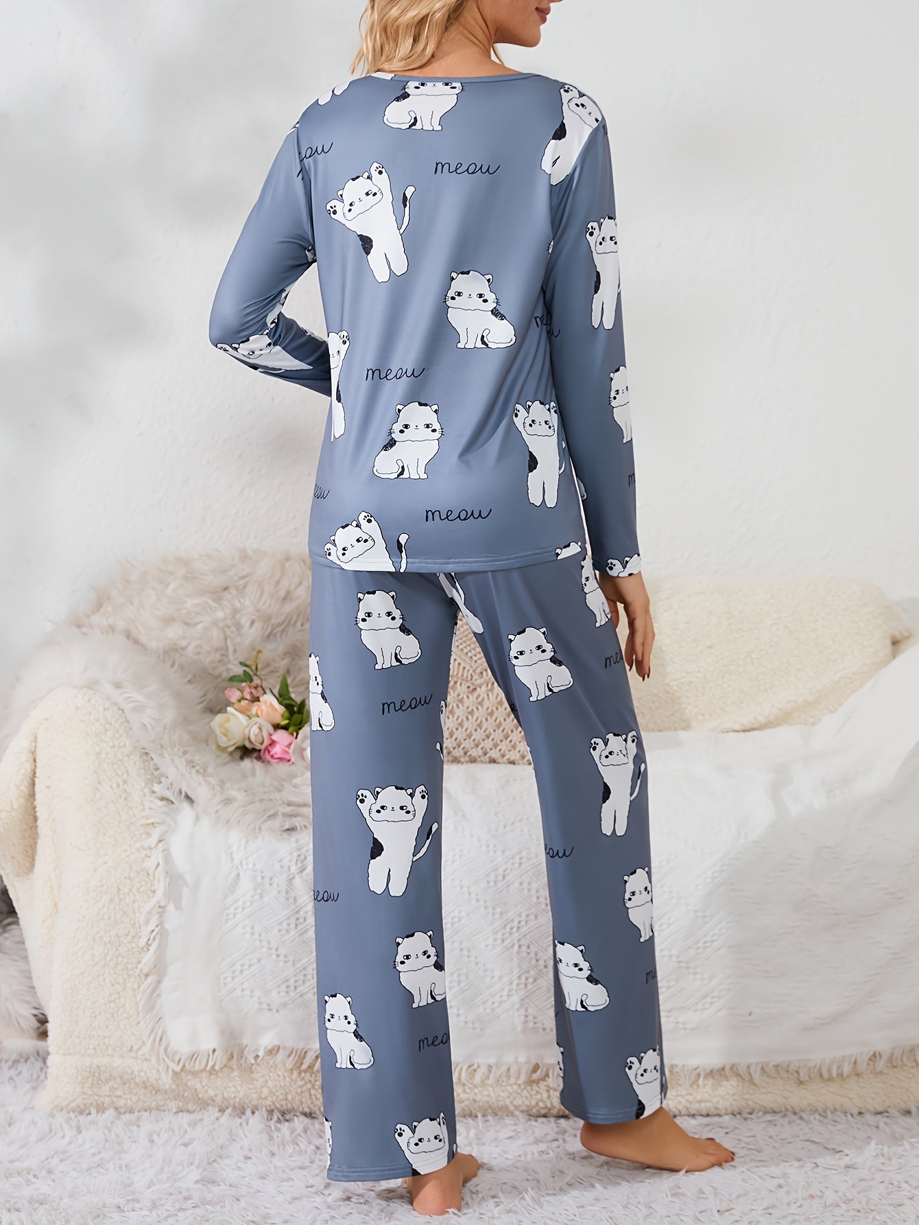 Cartoon Animal Pajama Set Long Sleeve Top & Pants Women's Sleepwear