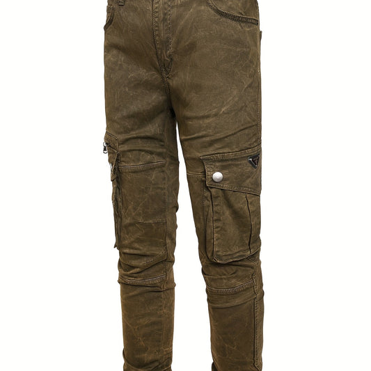 Tie Dye Slim Fit Big Flap Pocket Jeans Men's Casual Slightly Stretch Denim Pants