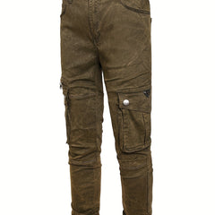 Tie Dye Slim Fit Big Flap Pocket Jeans Men's Casual Slightly Stretch Denim Pants