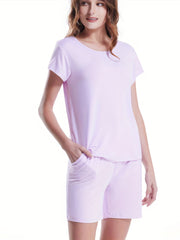 Solid Lounge Set Crew Neck Top & Lace Up Shorts Women's Loungewear