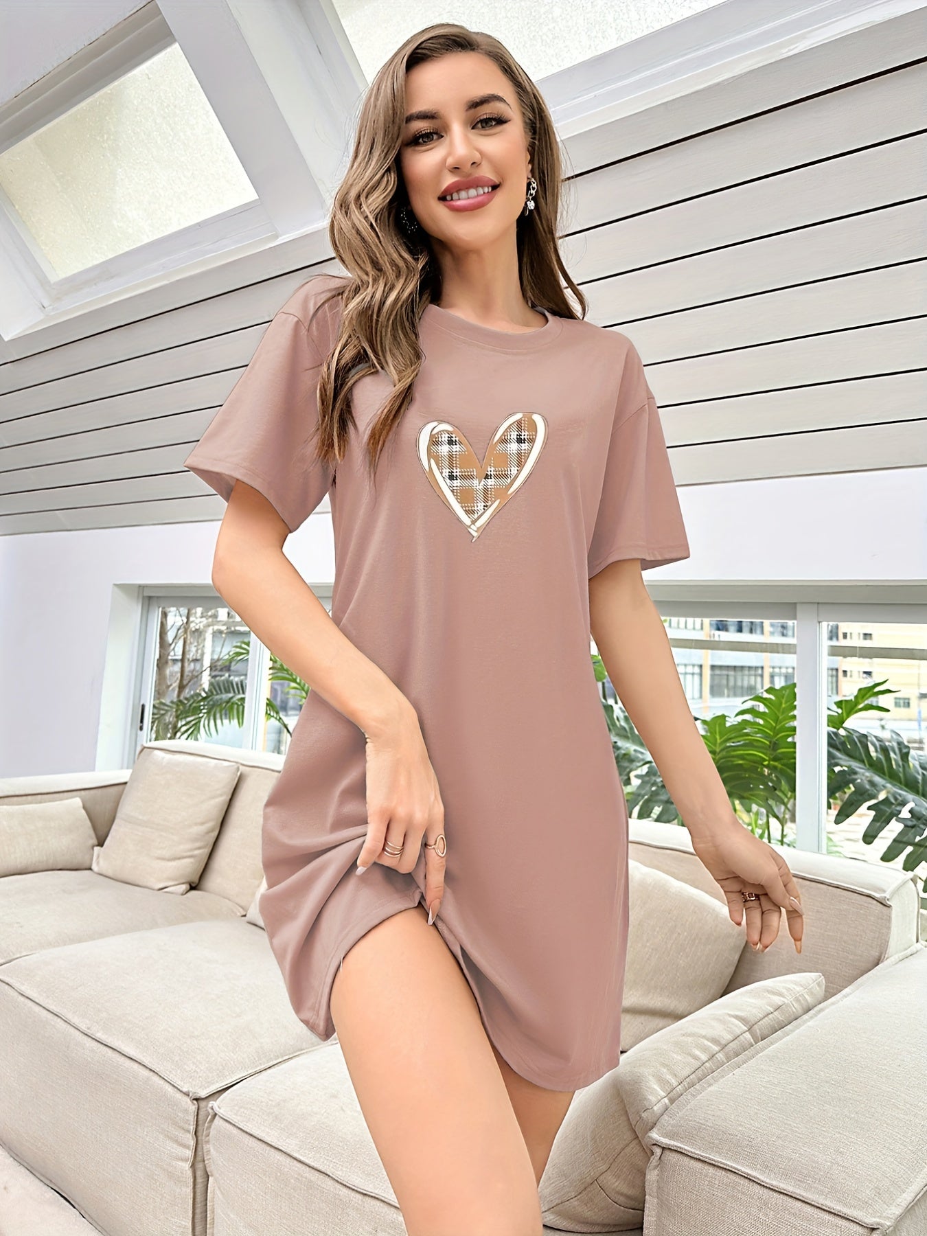 Heart Print NightDress Short Sleeve Crew Neck Sleepwear