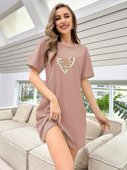 Heart Print NightDress Short Sleeve Crew Neck Sleepwear