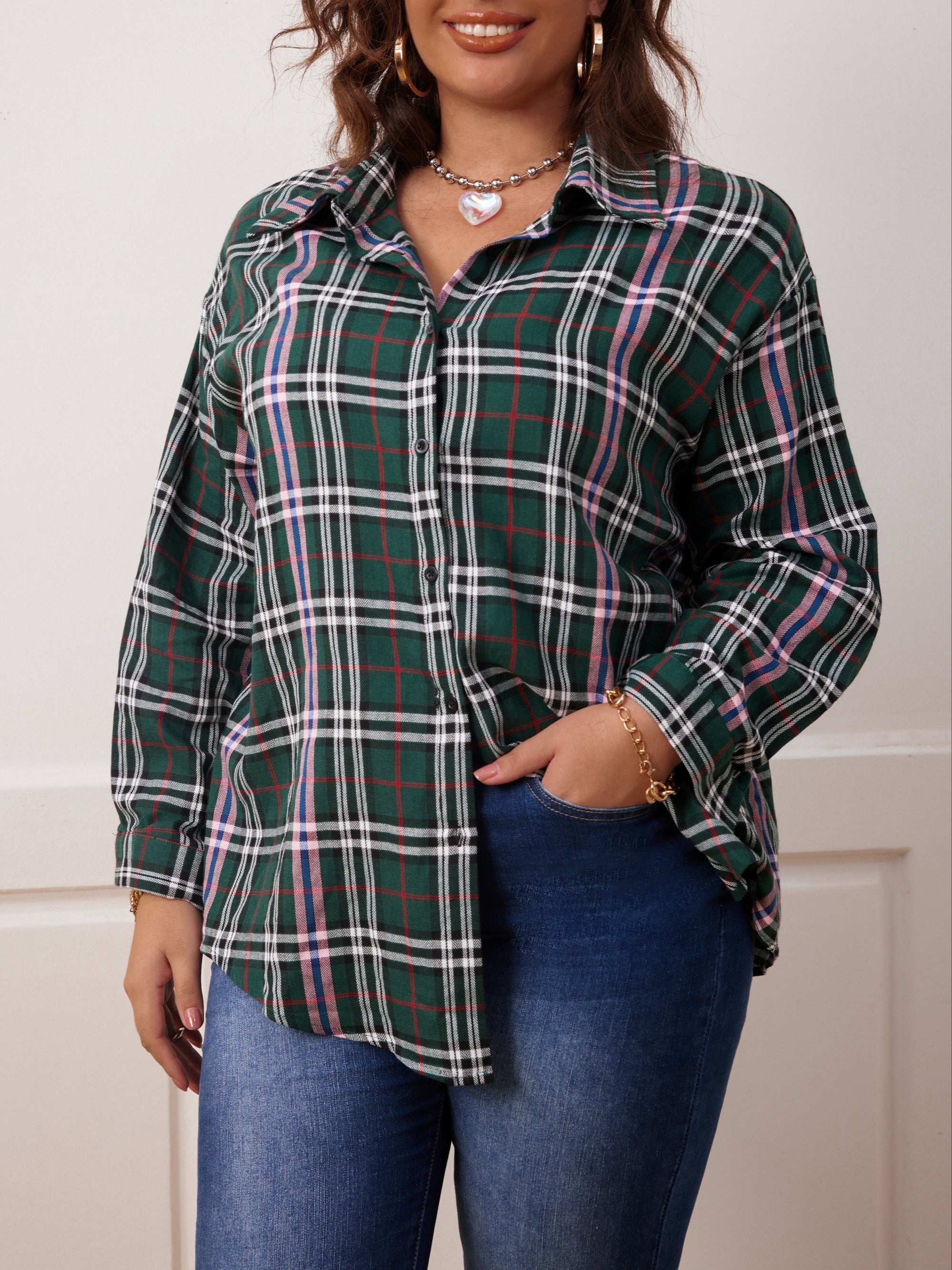 Plaid & Slogan Print Long Sleeve Button Up Shirt