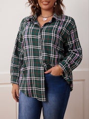 Plaid & Slogan Print Long Sleeve Button Up Shirt
