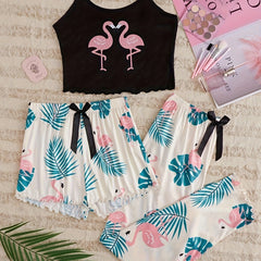 Flamingo Print Pajama Set Cami Top & Shorts & Pants