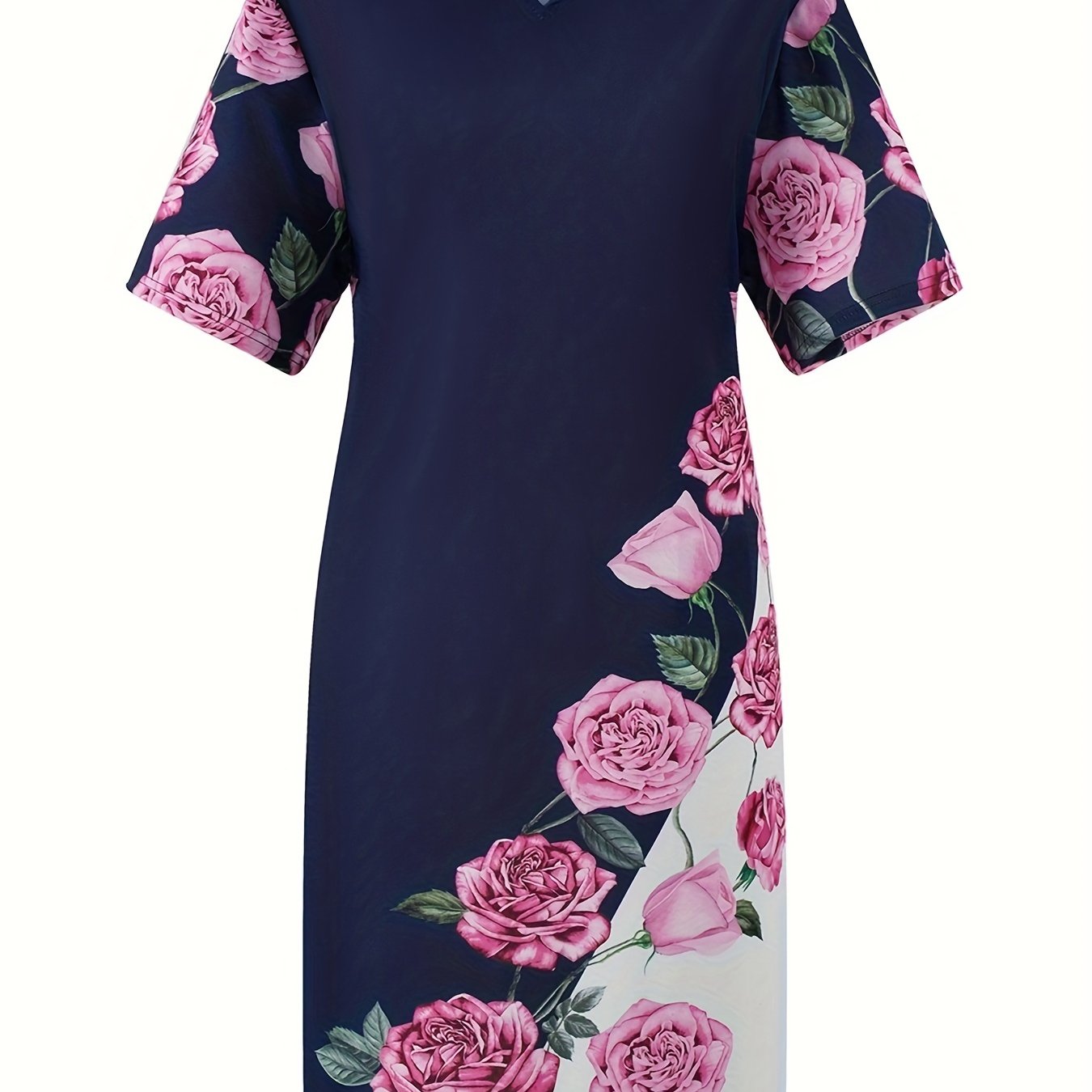 Women's Plus Colorblock Floral Print Short Sleeve Knee Length Dress