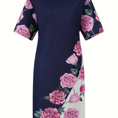 Women's Plus Colorblock Floral Print Short Sleeve Knee Length Dress