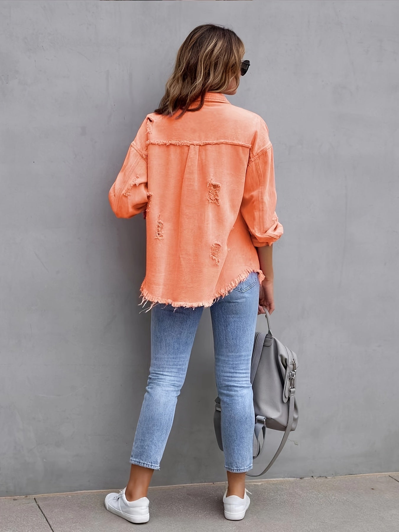 Denim Top Women's Ripped Button Up Long Sleeve