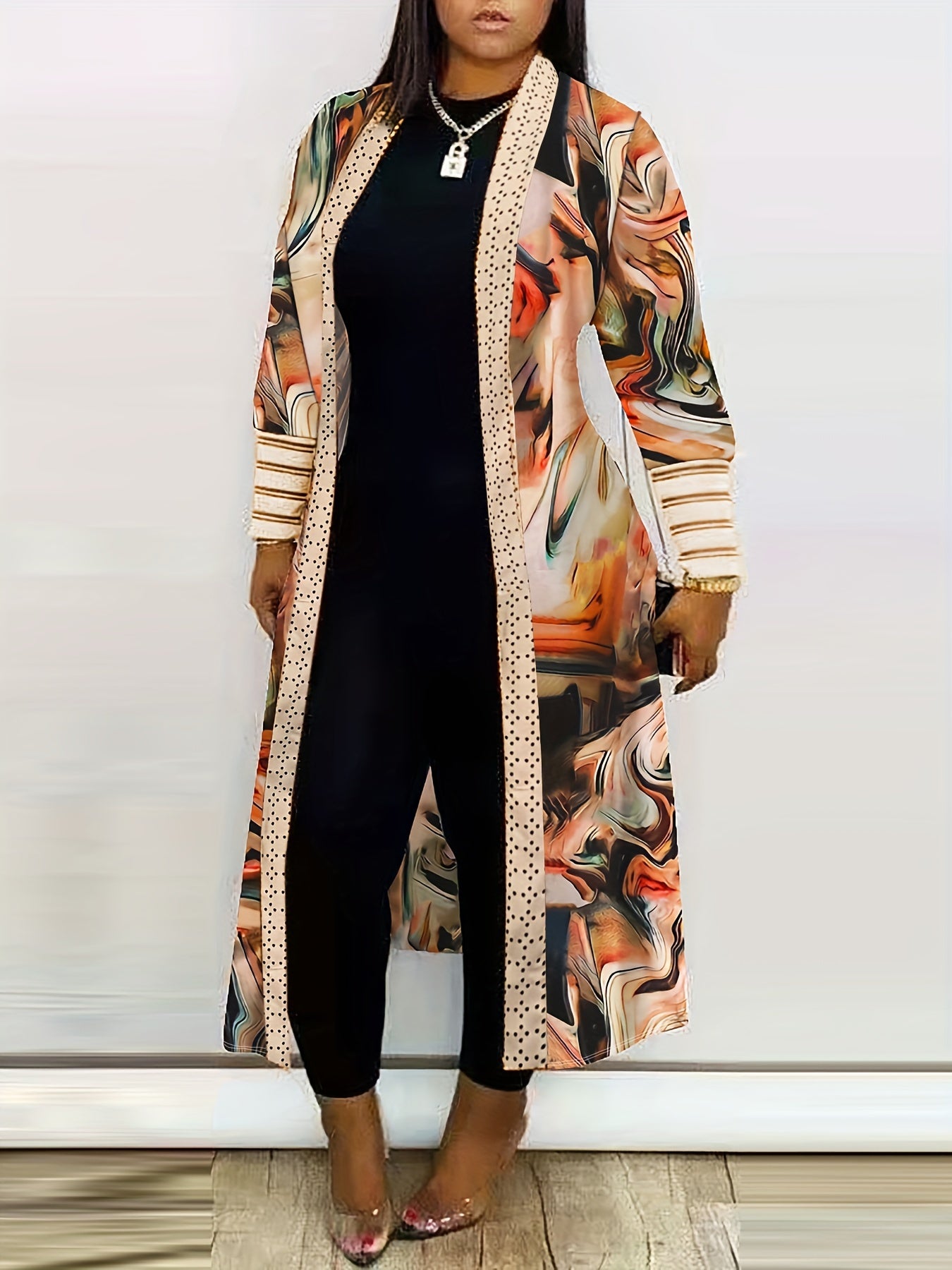 Colorblock Marble Print Open Front Cardigan