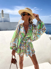 Scrollwork Print Cover Up Set V Neck Beachwear Swimwear