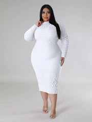 Solid Crinkle Long Sleeve High Neck Midi Dress