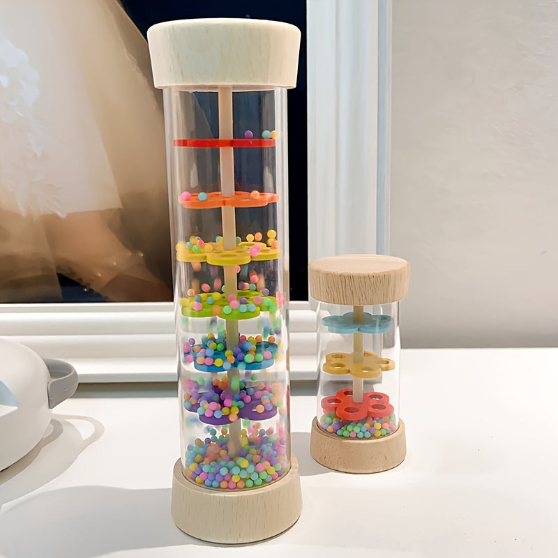 Recycled Wood Rain Sound Tube Toy with Colorful Beads & Alphabet Rings
