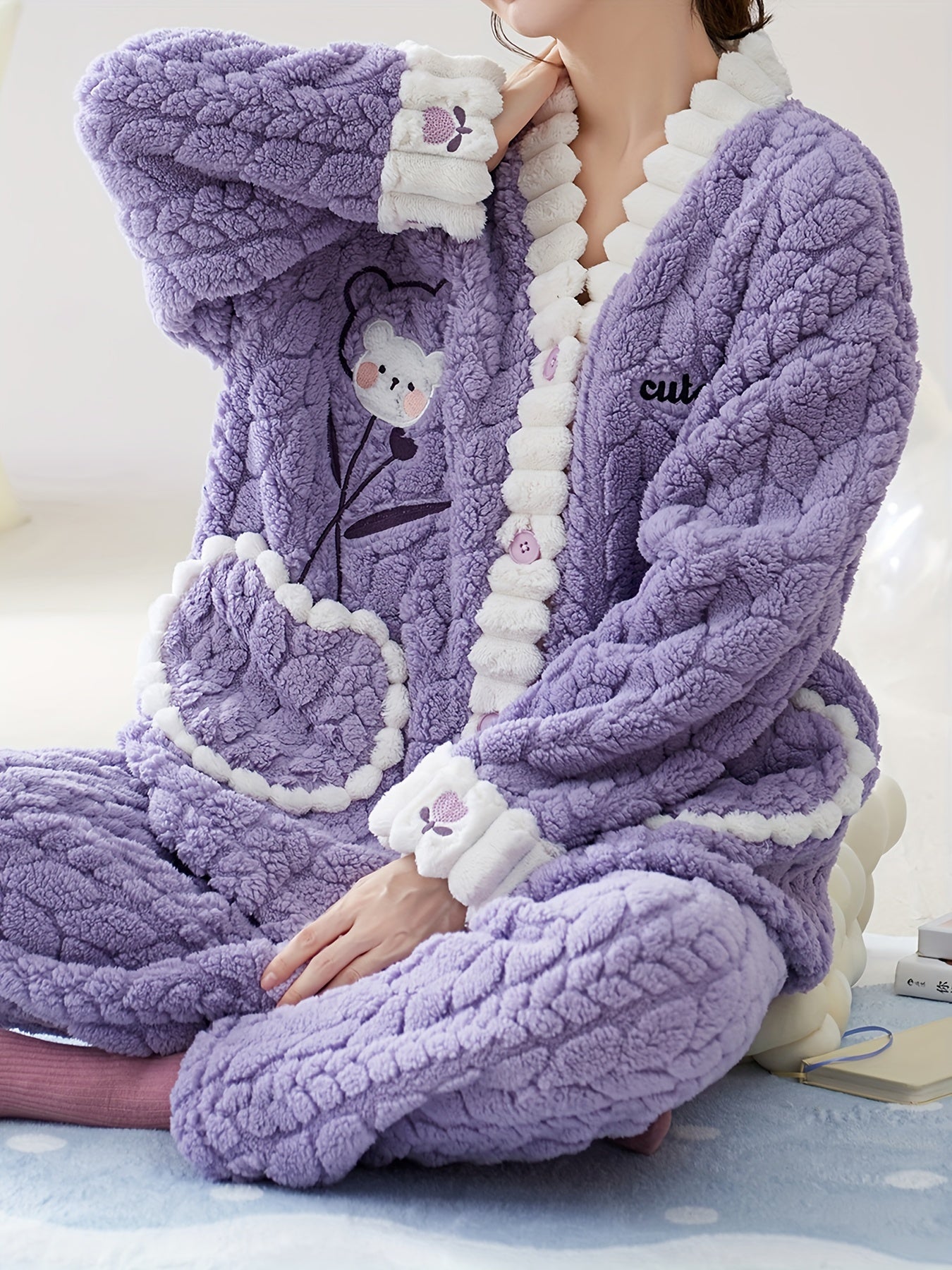 Bear Print Pajama Set Long Sleeve Top & Pants Women's Sleepwear