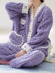 Bear Print Pajama Set Long Sleeve Top & Pants Women's Sleepwear
