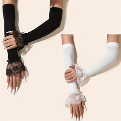 Women's Lace Trim Arm Warmers Long Sleeve Gloves