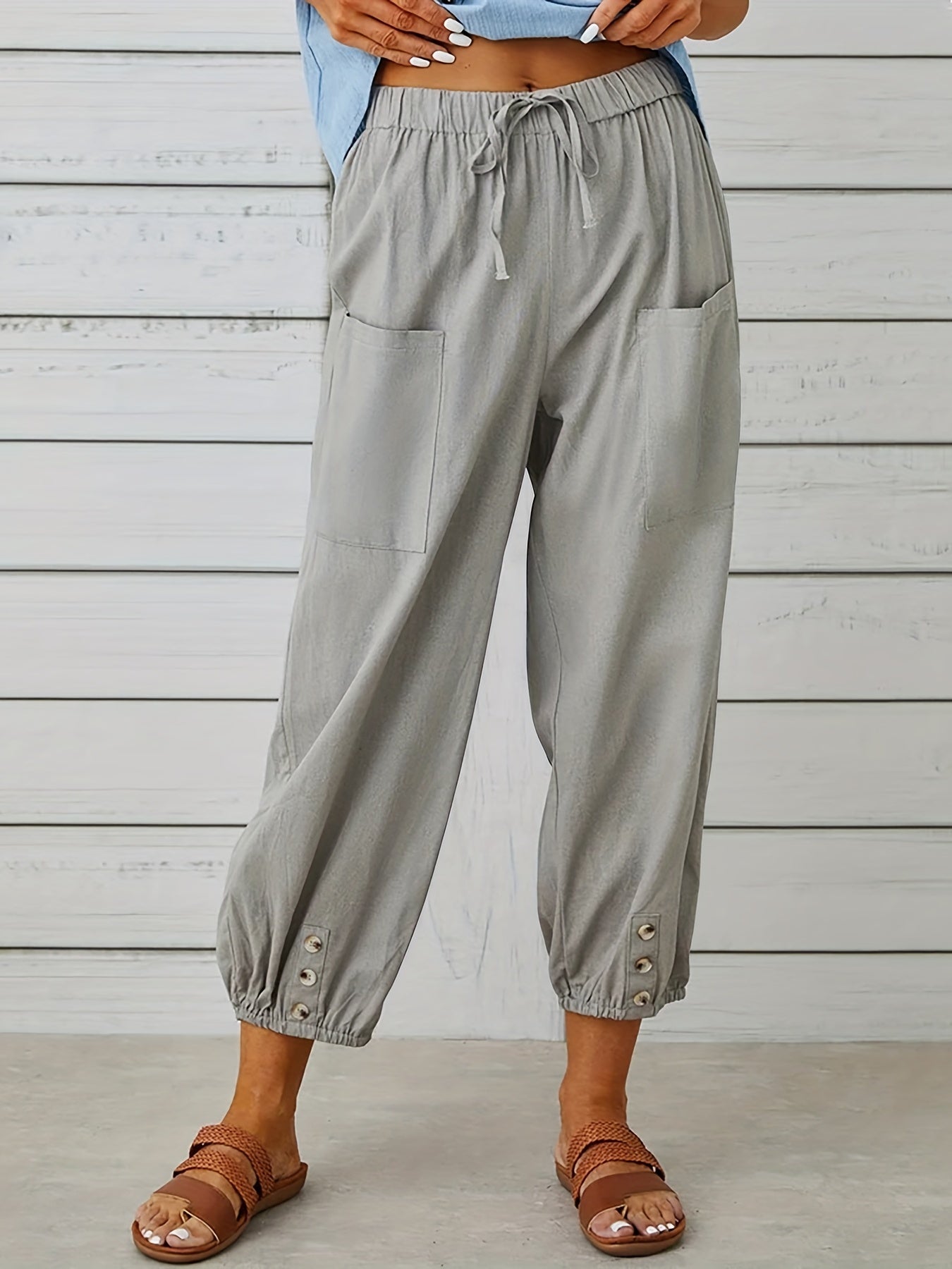 Minimalist Elastic Waist Cropped Pants Casual Solid Drawstring Pants Women
