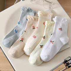 5pairs Ruffled Trim Floral Mid Tube Socks for Women