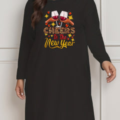 Lounge Dress Women's Plus Cup & Slogan Print Long Sleeve Tee Dress