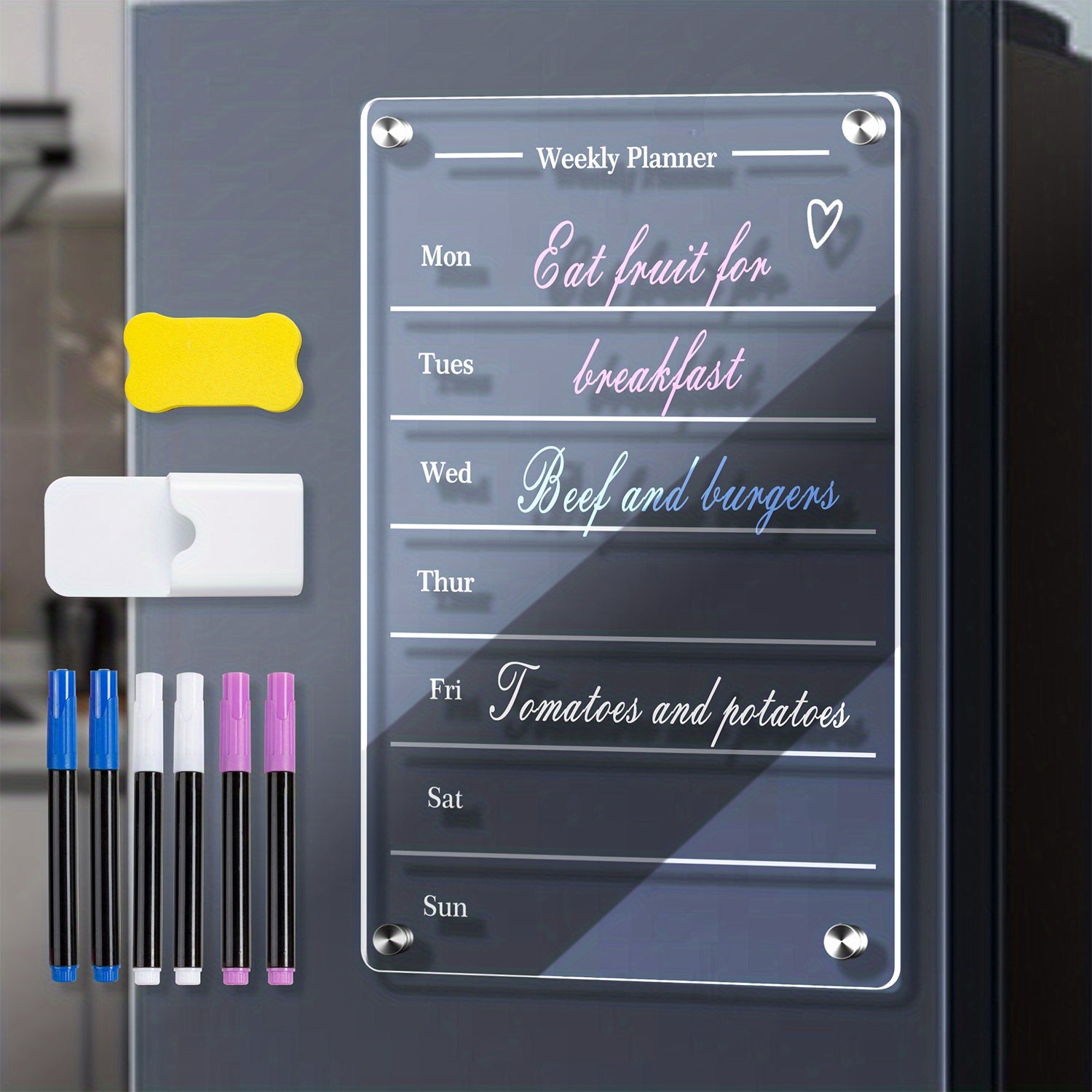 Acrylic Magnetic Weekly Calendar For Fridge - Clear Dry Erase Board