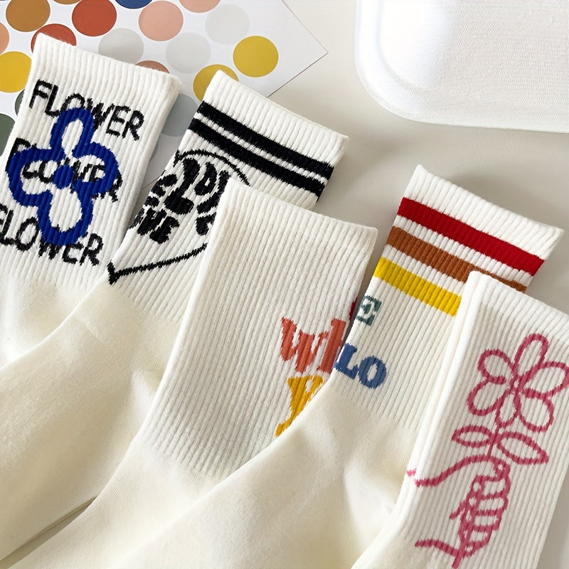5 Pairs Floral & Letter Print Socks Women's Stockings & Hosiery