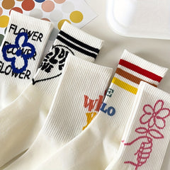 5 Pairs Floral & Letter Print Socks Women's Stockings & Hosiery