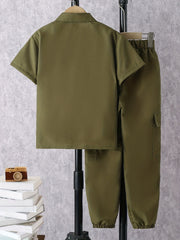 Boy's 2pcs Shirt & Cargo Pants Set Short Sleeve Top Outfit Kids Clothes