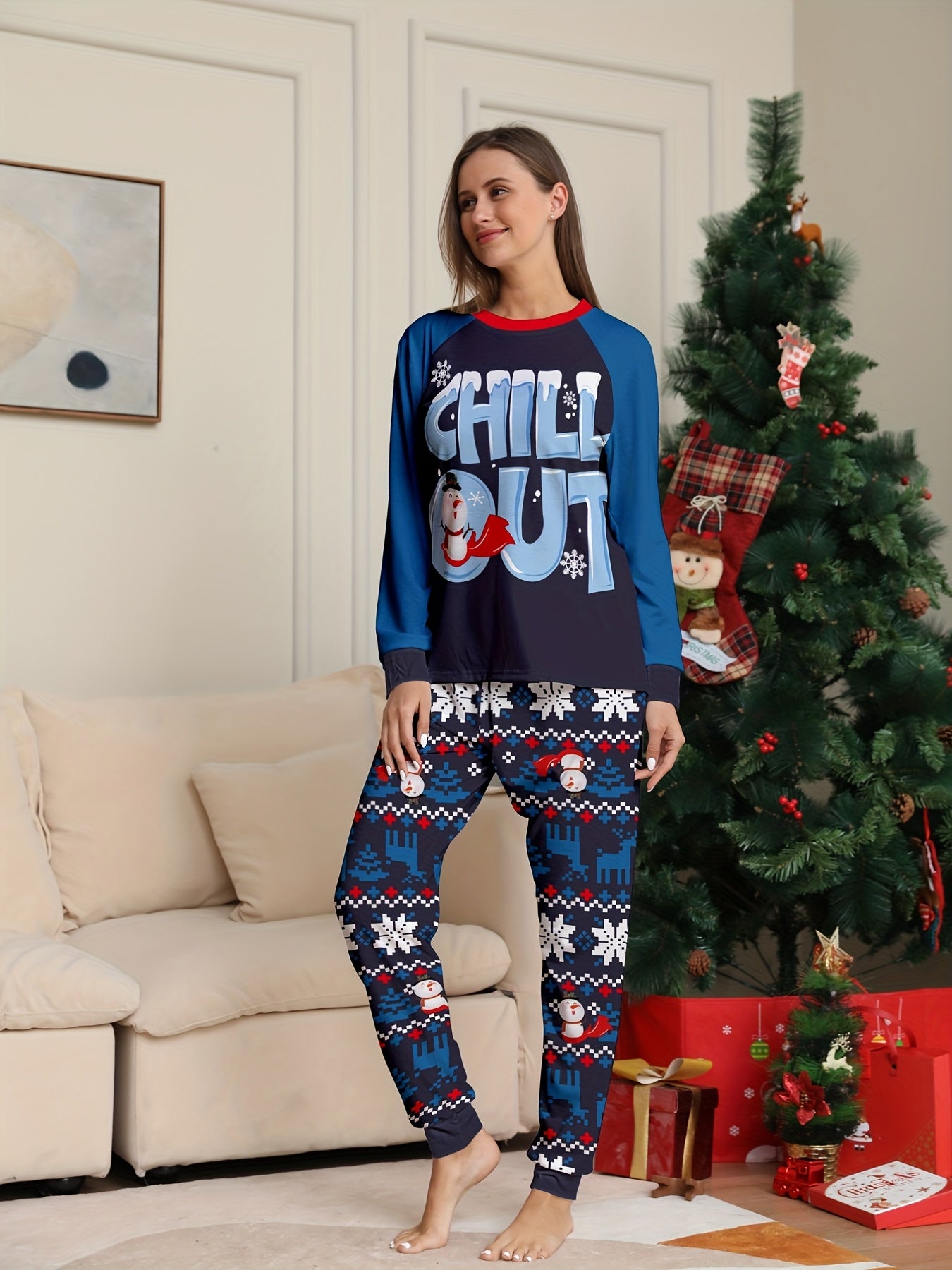 Christmas Print Pajama Set Long Sleeve Top & Pants Women's Sleepwear