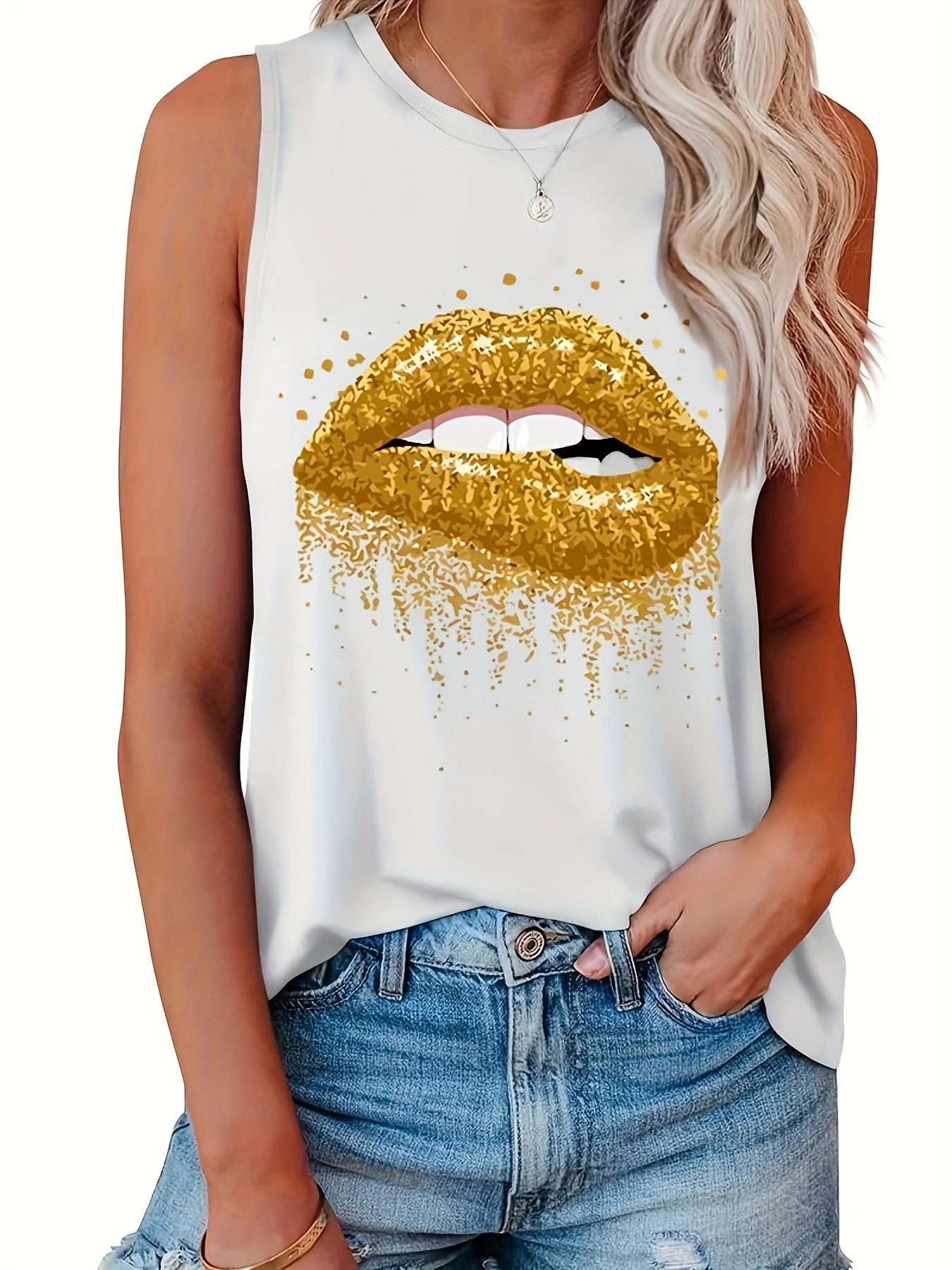 Lip Print Crew Neck Tank Top Sleeveless Casual Women's Summer Clothing