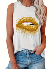 Lip Print Crew Neck Tank Top Sleeveless Casual Women's Summer Clothing