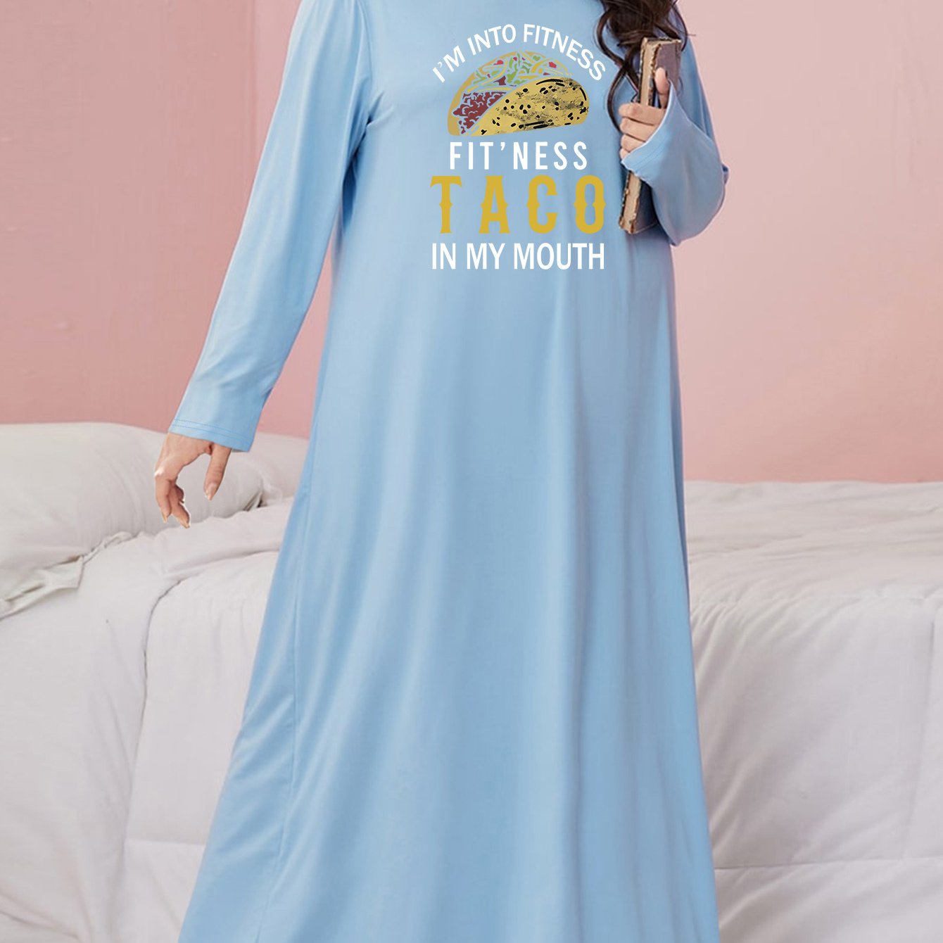 Plus Size Taco & Letter Print Nightdress, Long Sleeve Round Neck Sleep Dress