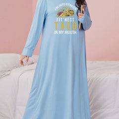 Plus Size Taco & Letter Print Nightdress, Long Sleeve Round Neck Sleep Dress