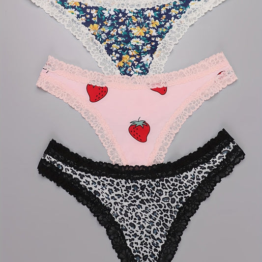 3 Pack Plus Size Lace Trim Thongs Leopard & Strawberry & Floral Print