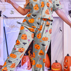 Pumpkin & Bat Print Pajama Set for Women