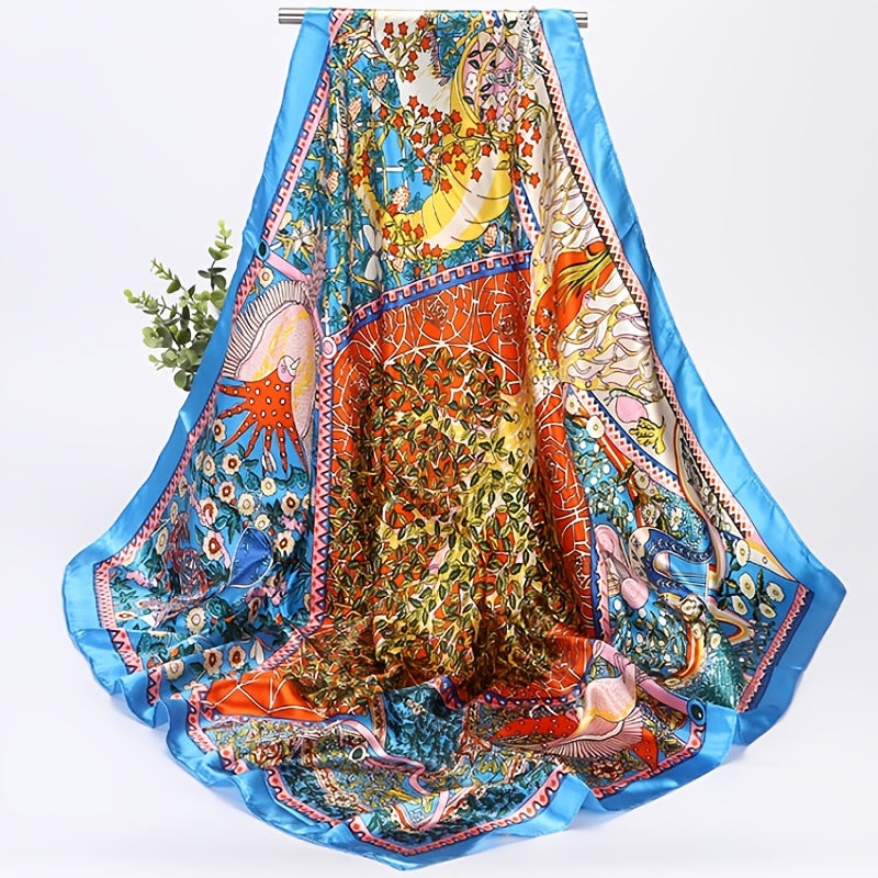 Vintage Flower Print Square Satin Scarf Silk Shawl Head Wrap Bandana Hijab