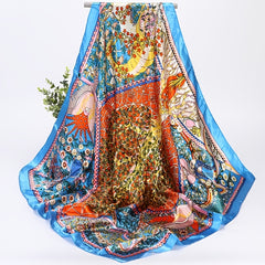 Vintage Flower Print Square Satin Scarf Silk Shawl Head Wrap Bandana Hijab