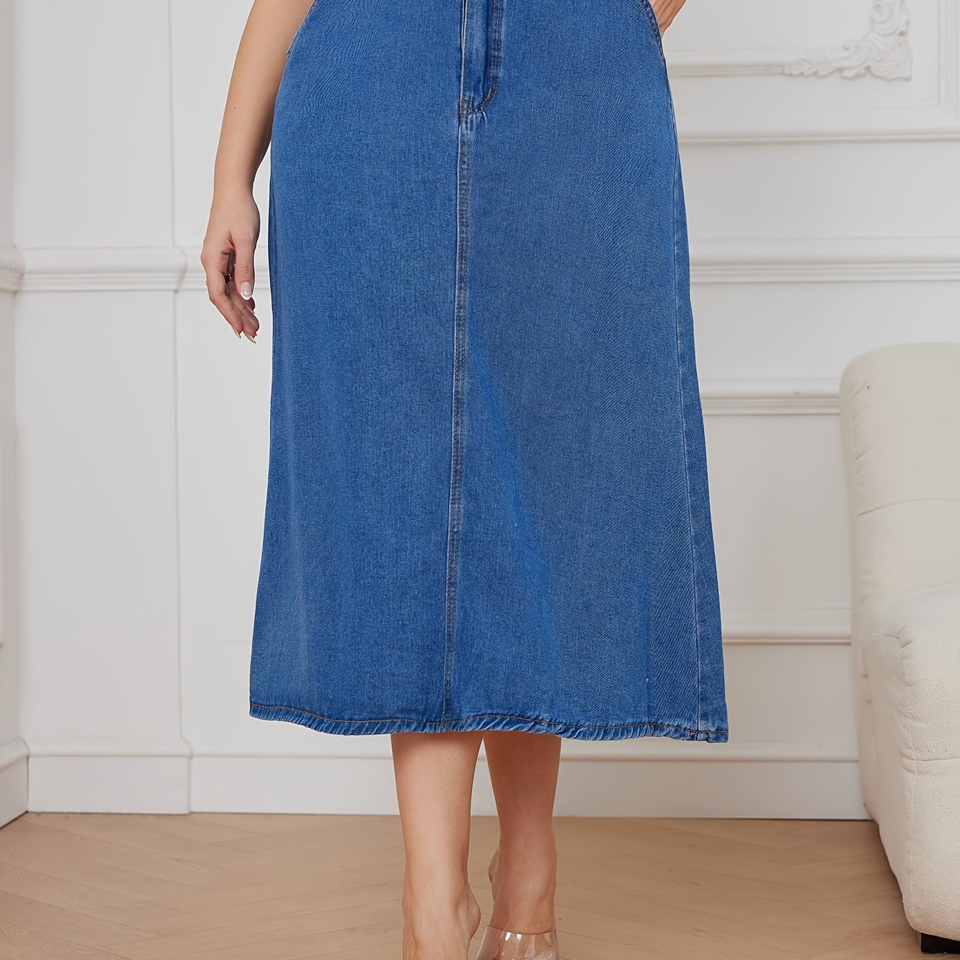 Women's Plus High Rise Maxi Denim Skirt, Button Fly, Casual Solid