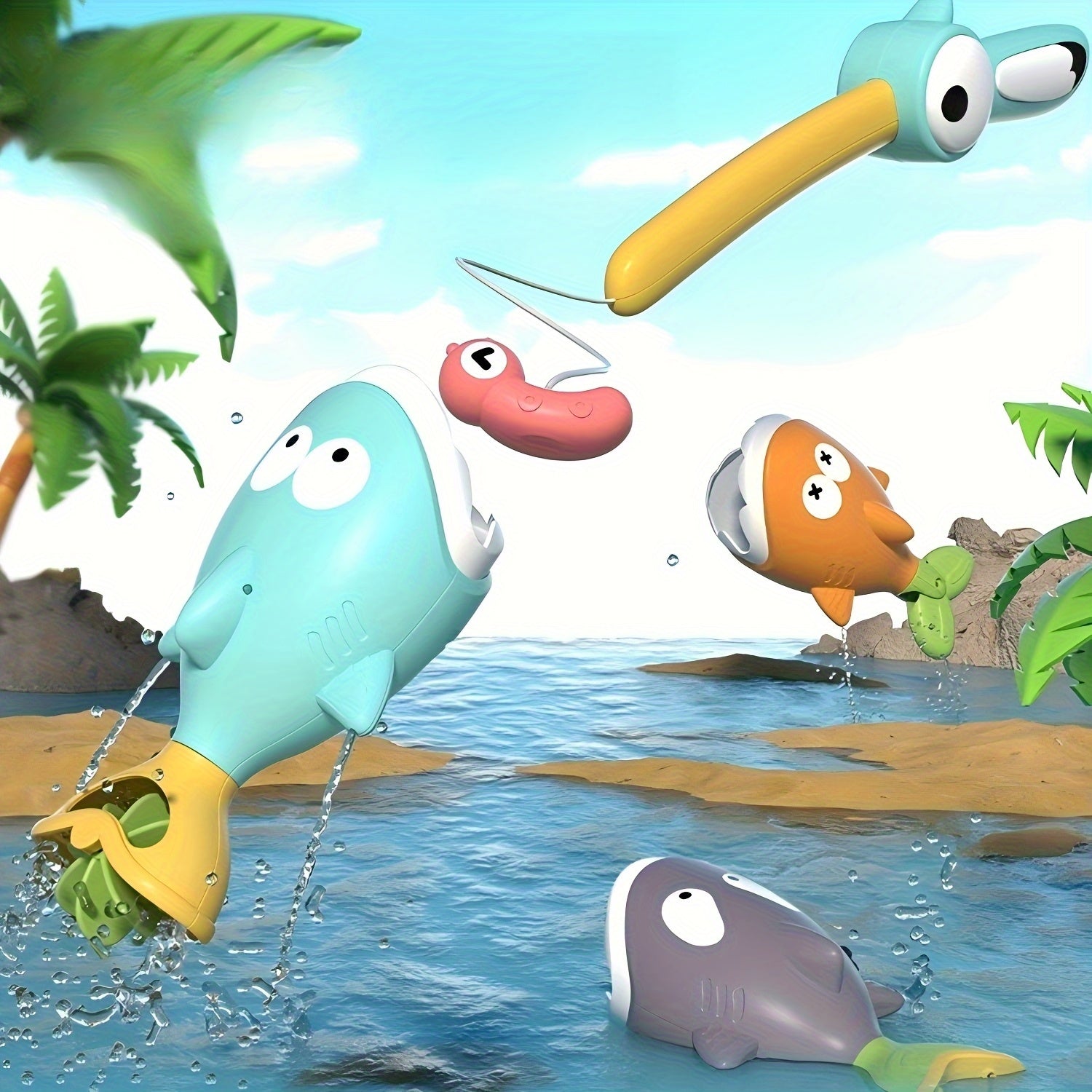 Magic Fishing Game Swimming Fish Shower Curtain Bathroom Toy Set