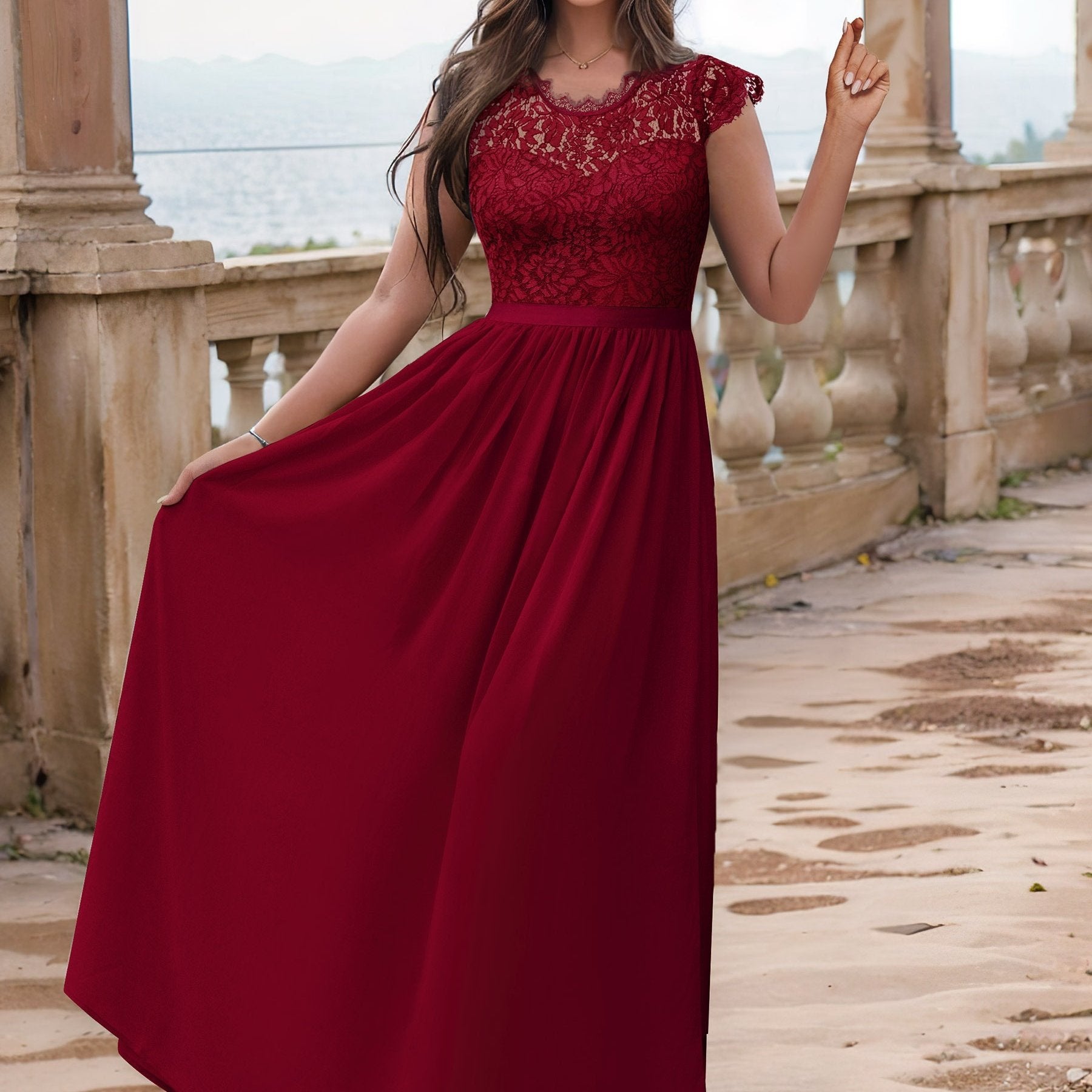 Solid Contrast Lace Maxi Party Dress Women's Clothing