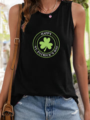 Leaf & Letter Print Sleeveless Sports Vest Round Neck Stretchy Casual Top