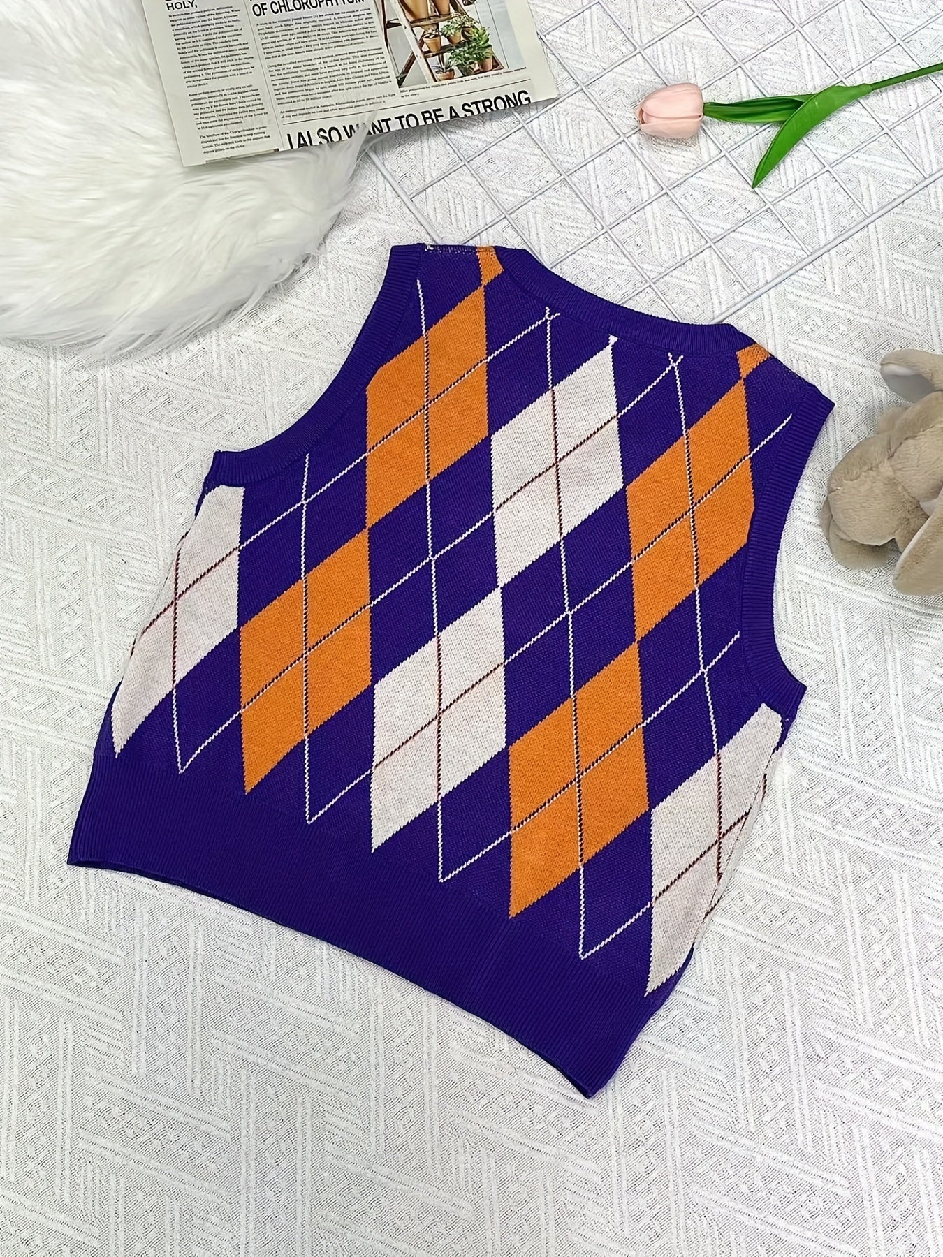 Big Girls Casual V-neck Argyle Graphic Knitted Vest
