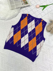 Big Girls Casual V-neck Argyle Graphic Knitted Vest
