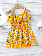 Floral Cold Shoulder Ruffle Trim Romper Jumpsuit Girls Summer Clothes